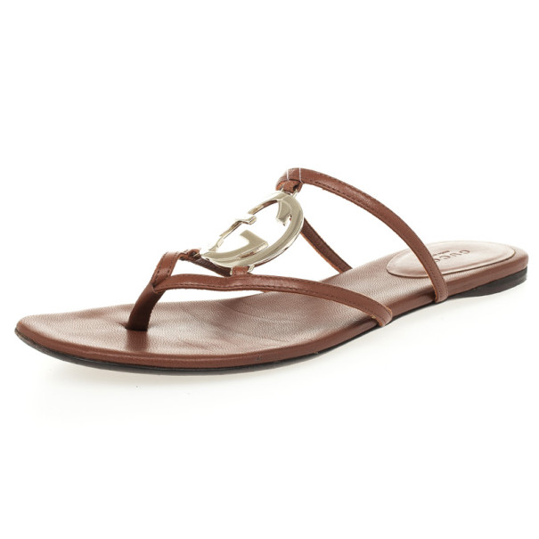 Gucci Brown Leather GG Cage Flat Thong Sandals Size 38.5