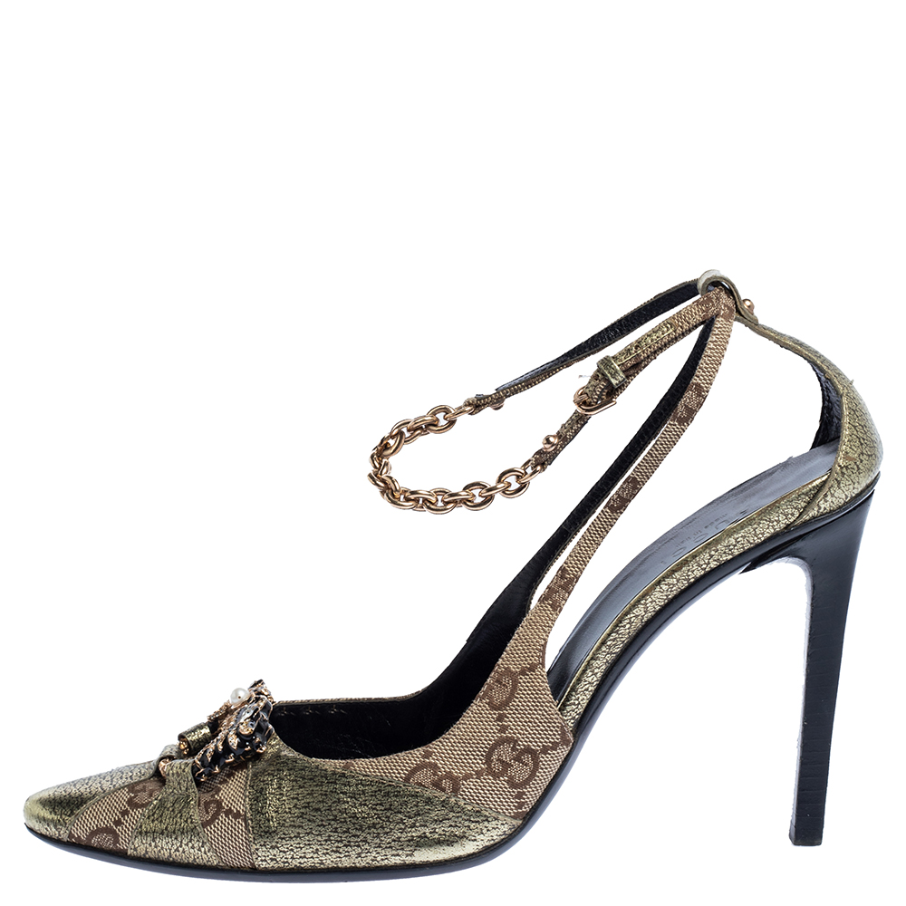 

Gucci Monogram Canvas And Bronze Leather Tom Ford Era Dragon Embellished Ankle Strap Pumps Size, Gold
