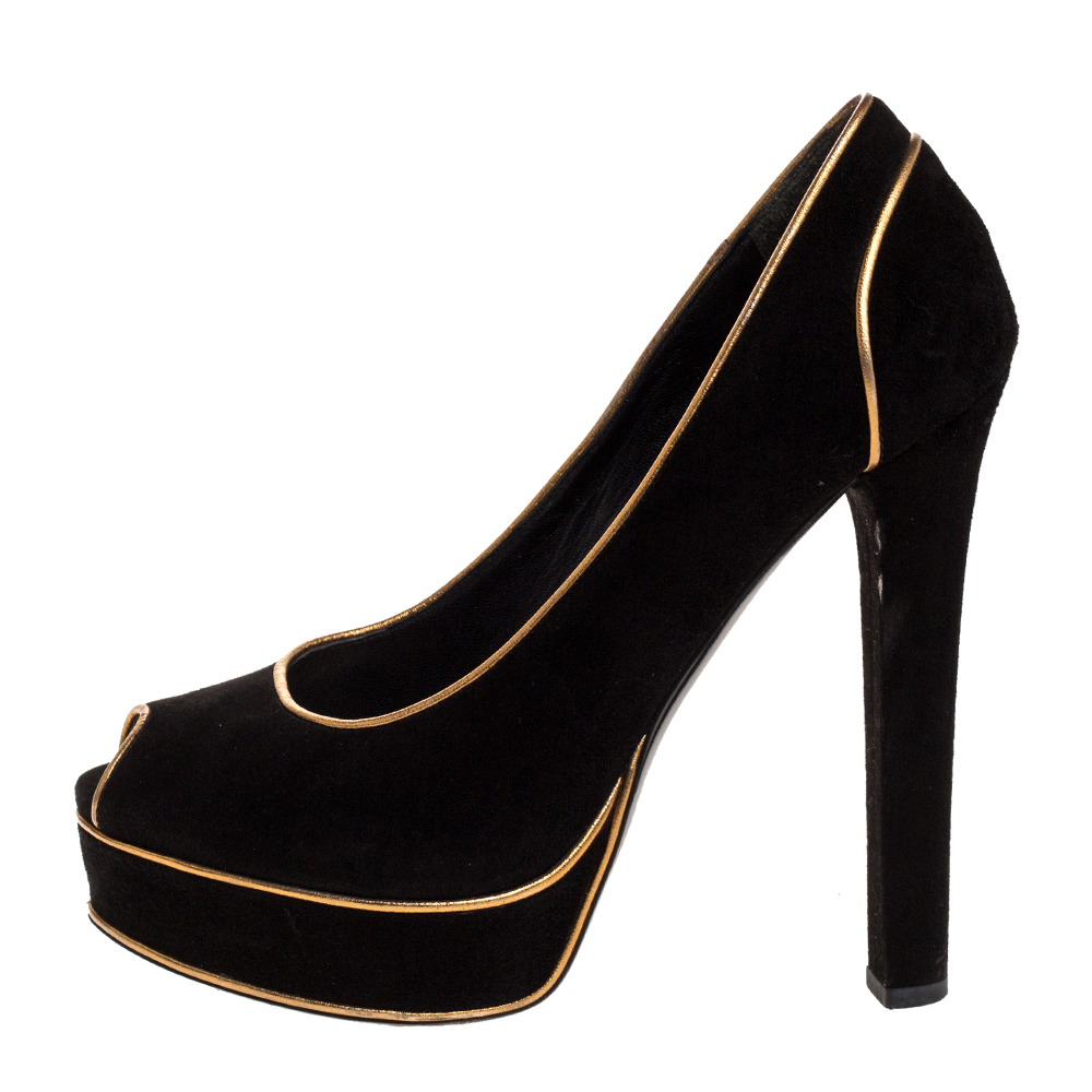 

Gucci Black Suede And Gold Leather Piping Detail Peep Toe Platform Pumps Size