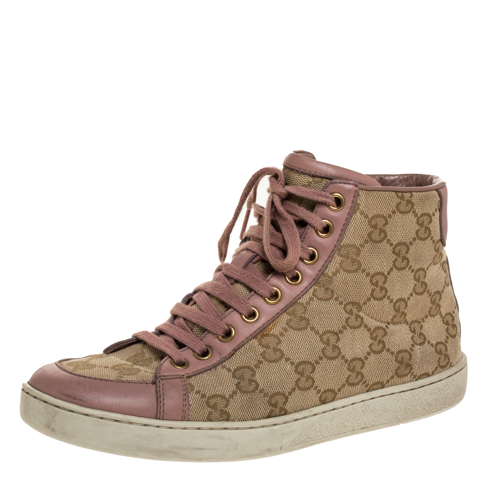 Pre Owned Gucci Beige/Pink GG Original Canvas and Leather Brooklyn High Top Sneakers Size 37