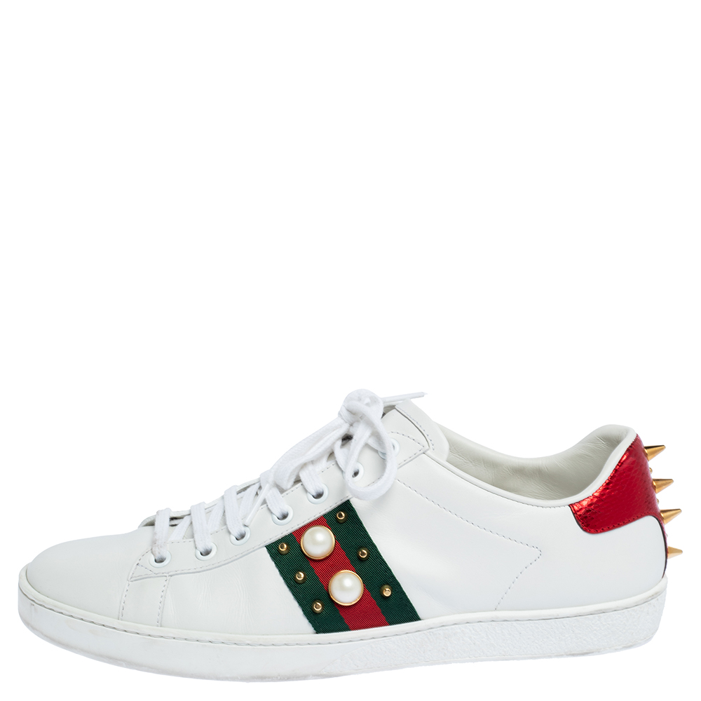 

Gucci White Leather Web Detail New Ace Faux Pearl Embellished Low Top Sneakers Size