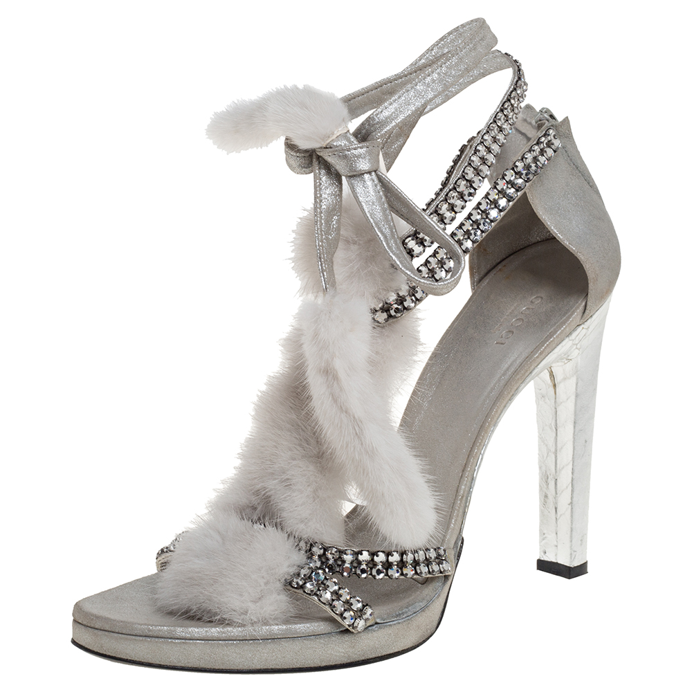 

Tom Ford For Gucci Silver Leather And Mink Fur Strappy Ankle Wrap Sandals Size, Metallic