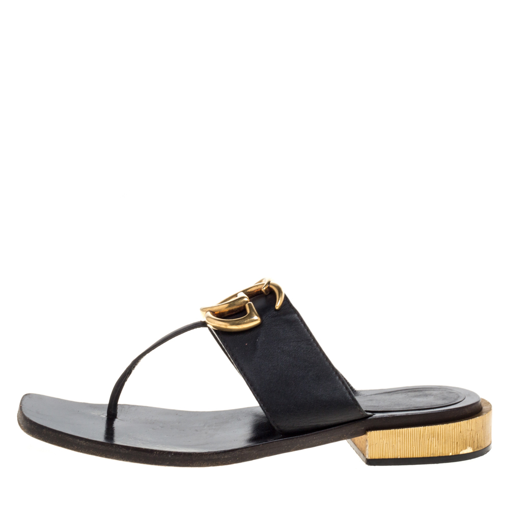 

Gucci Black Leather GG Marmont Thong Sandals Size