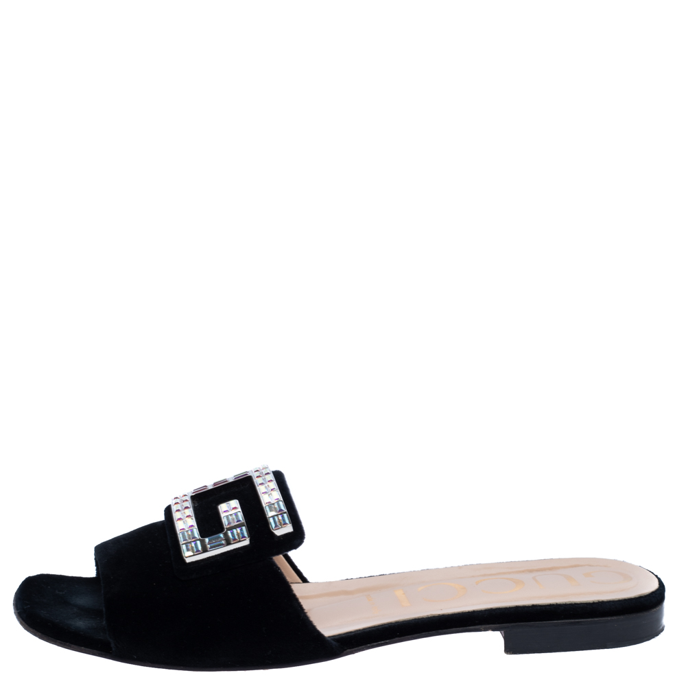 

Gucci Black Velvet Crystal G Slide Sandals Size