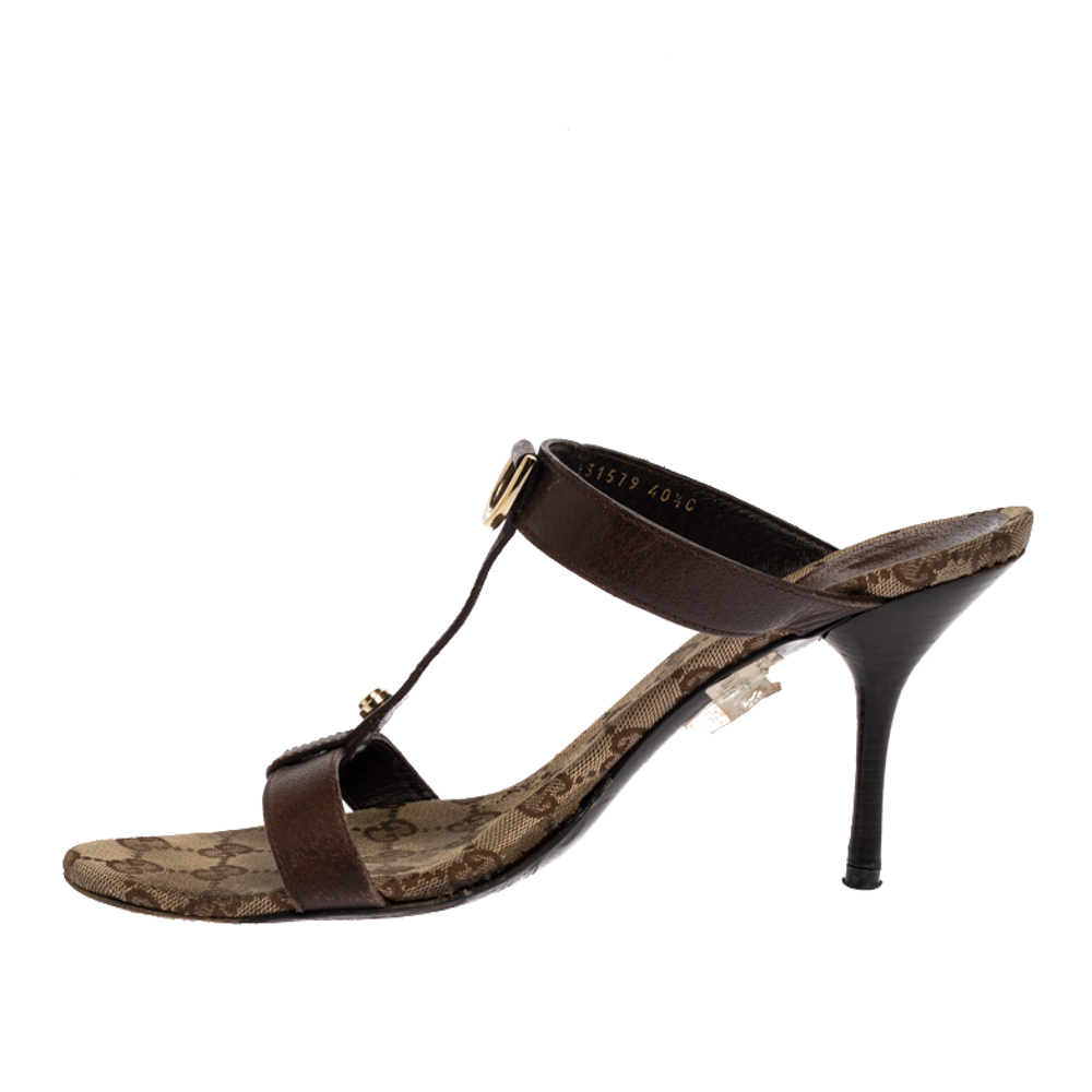 

Gucci Brown Leather T-Strap Slide Sandals Size