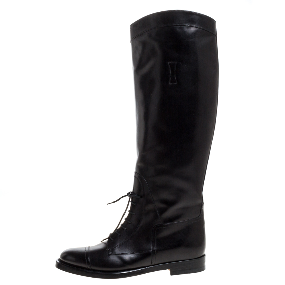 

Gucci Black Leather Lace Up Detail 'Boulanger' Equestrian Knee Boots Size