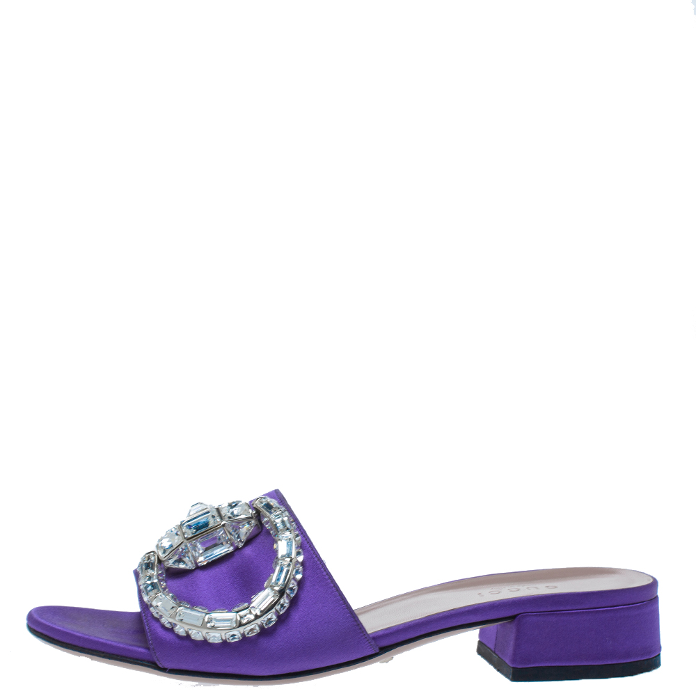 

Gucci Purple Satin Maxime Crystal Icon Bit Open Toe Slides Sandals Size