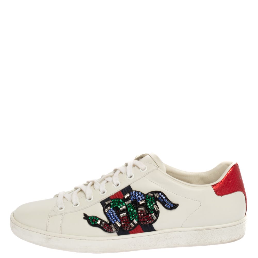 

Gucci White Leather Ace Snake Crystal Embellished Low Top Sneakers Size