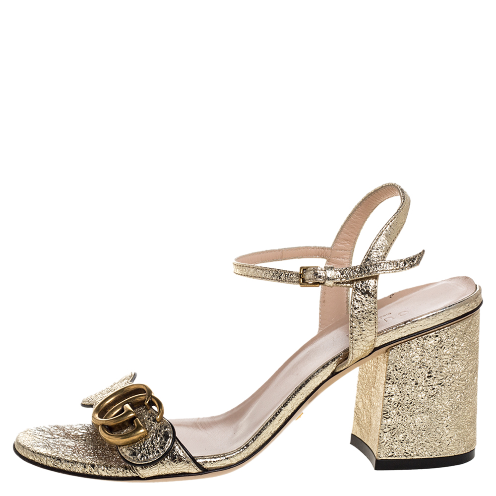 

Gucci Metallic Gold Foil Leather Marmont Block Heel Ankle Strap Sandals Size