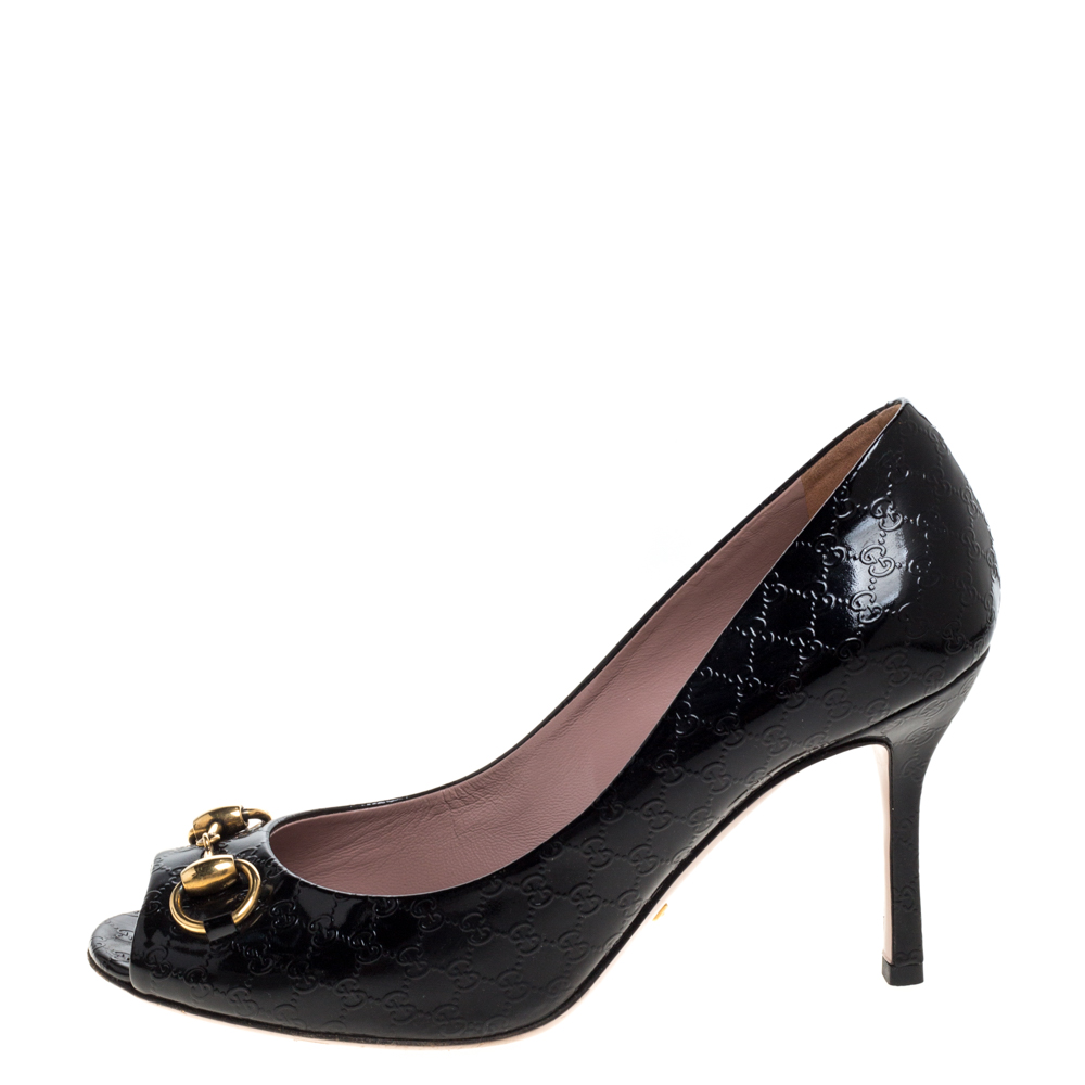 

Gucci Black Microguccissima Patent Jolene Horsebit Peep Toe Pumps Size