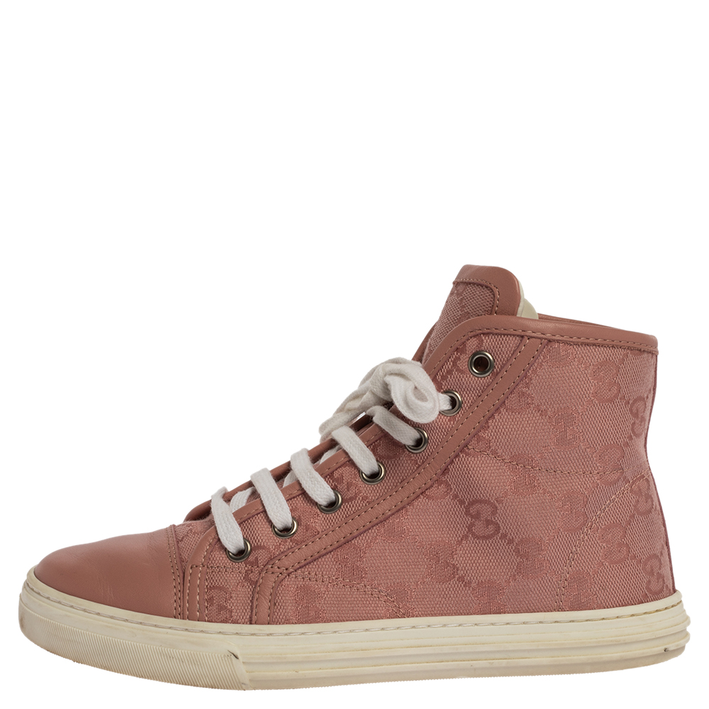 

Gucci Pink GG Supreme Canvas and Leather Cap Toe High Top Sneakers Size