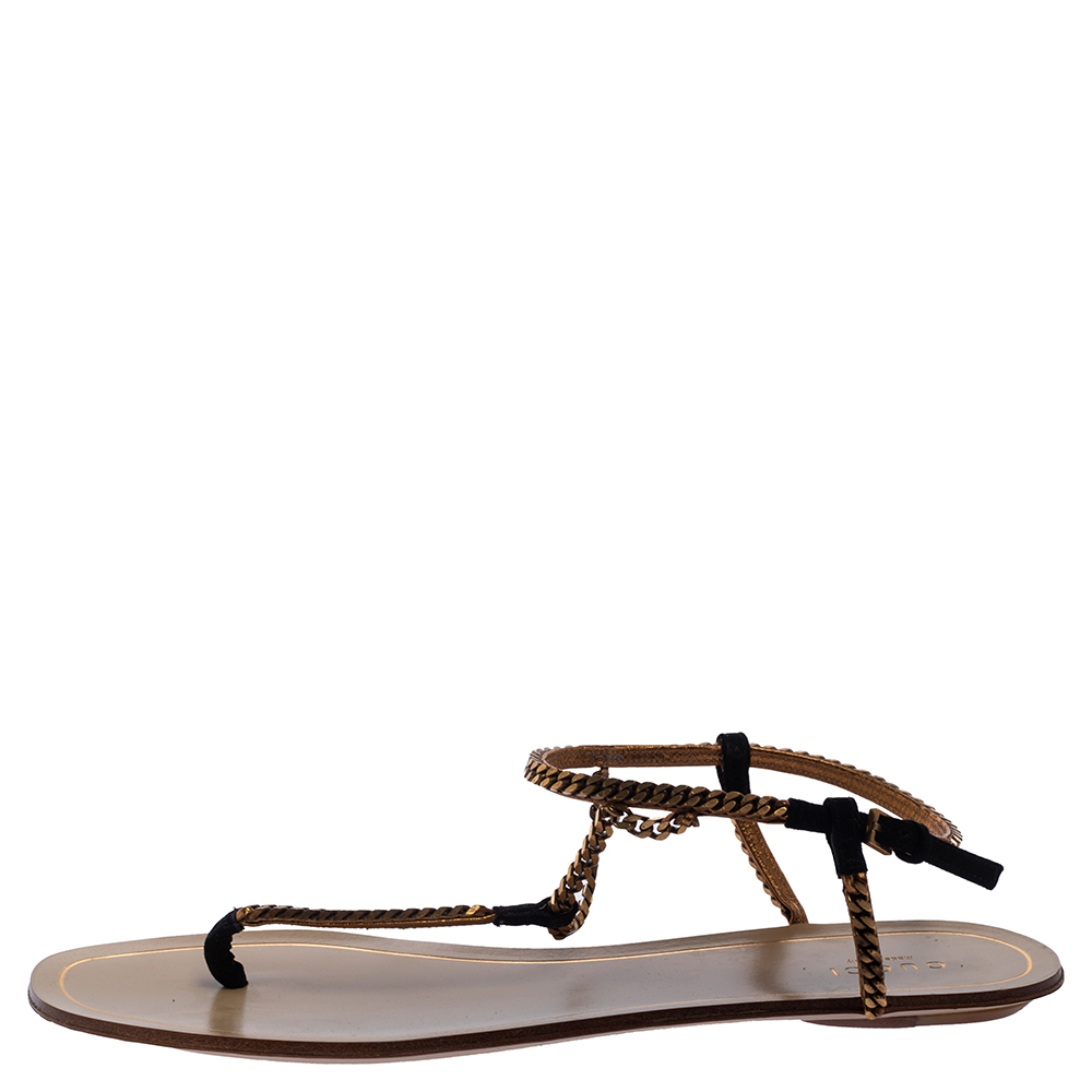 

Gucci Black Suede And Metal Chain Ankle Strap Thong Sandals Size