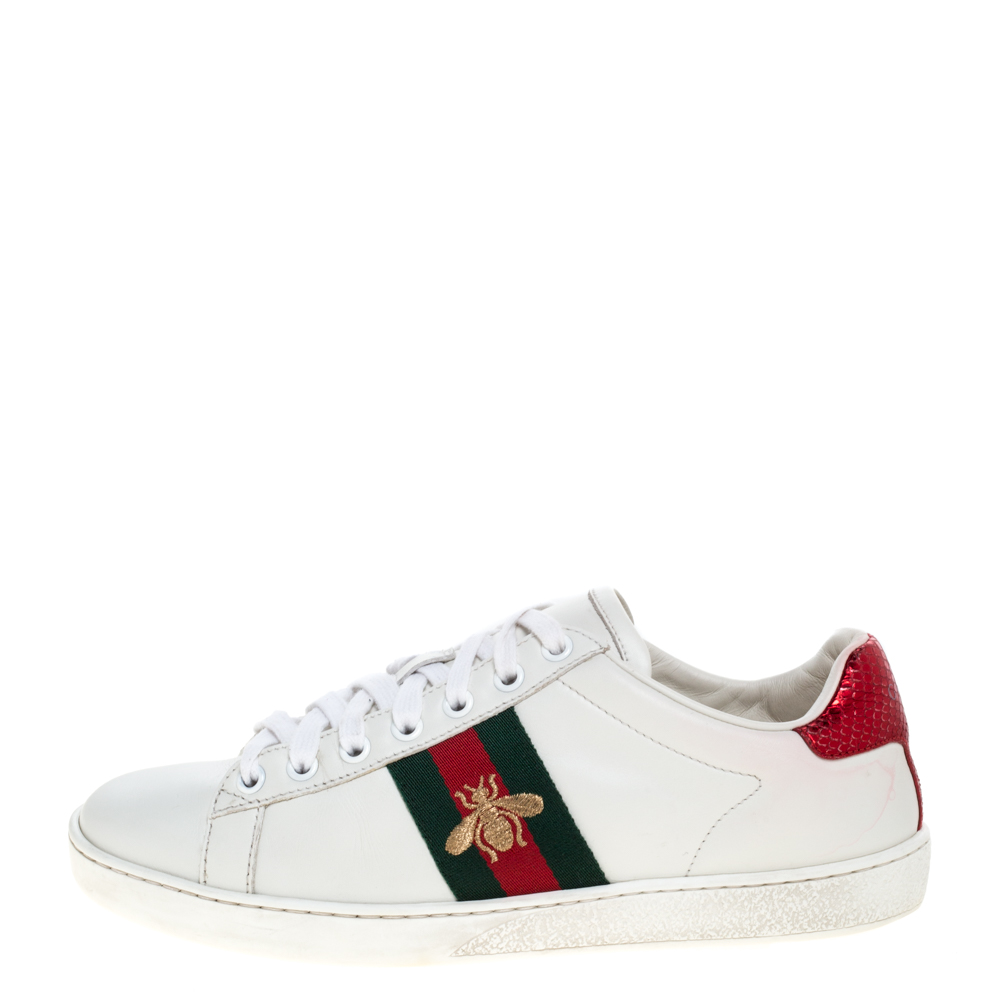 

Gucci White Leather Embroidered Bee Ace Low-Top Sneakers Size