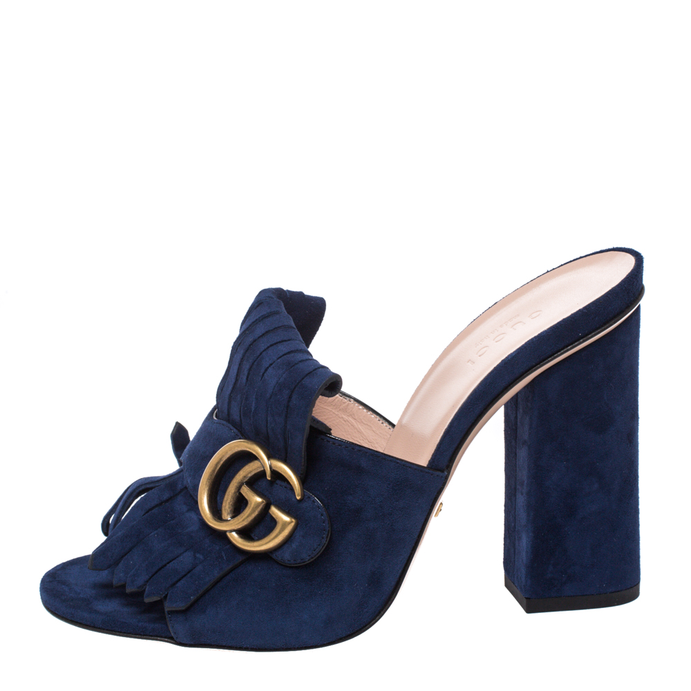 

Gucci Navy Blue Suede GG Marmont Fringed Slide Sandals Size