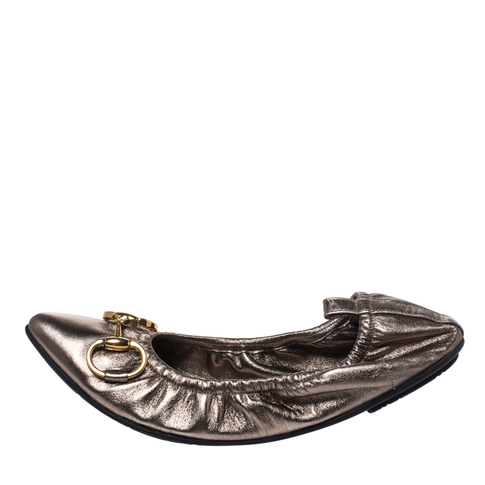 

Gucci Metallic Leather Horsebit Scrunch Pointed Toe Ballet Flats Size