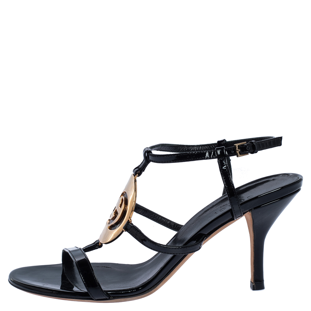 

Gucci Black Patent Leather Interlocking GG Logo Strappy Sandals Size