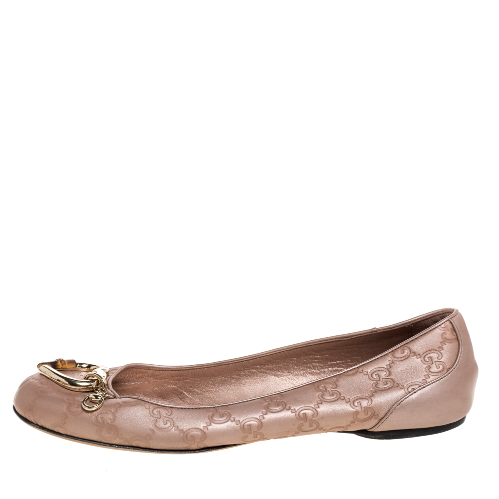 

Gucci Beige Guccissima Leather Bamboo Heart Ballet Flats Size
