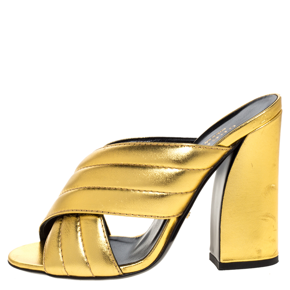 

Gucci Metallic Gold Leather Sylvia Cross Strap Block Heel Sandals Size