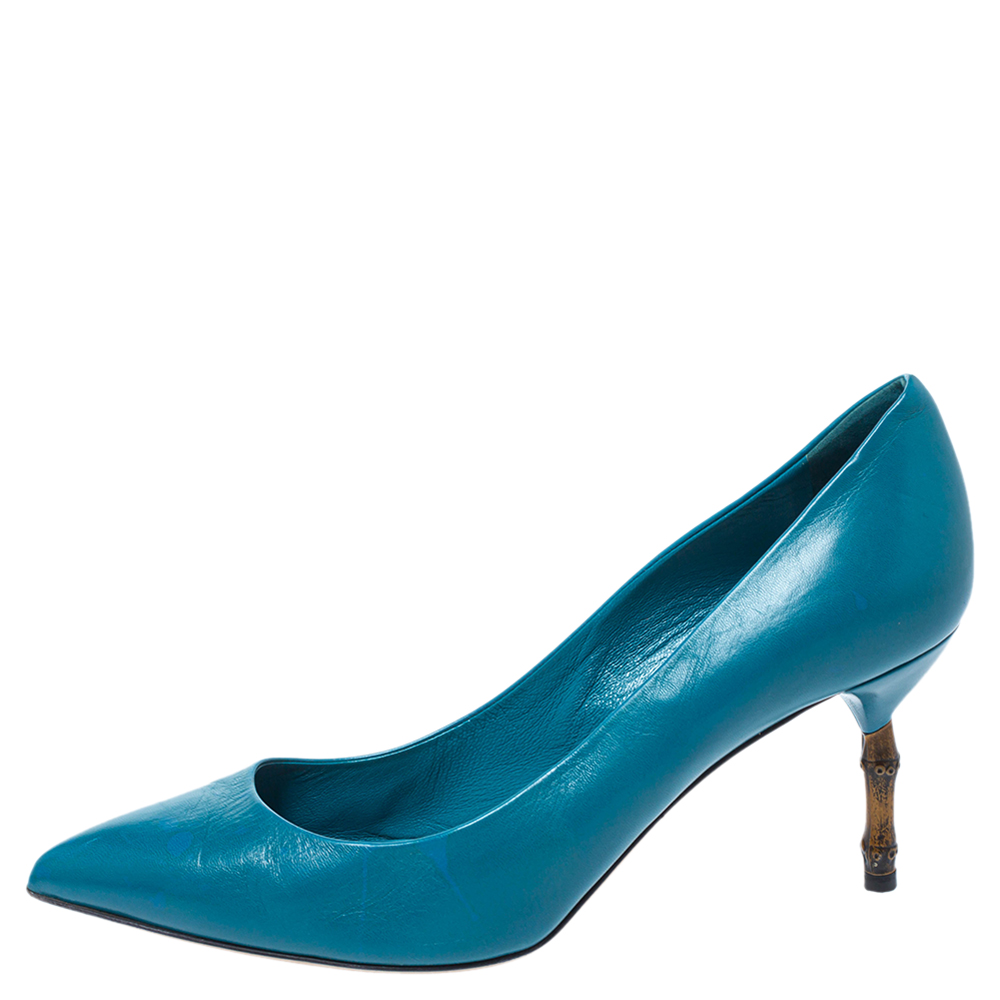 

Gucci Blue Leather Kristen Bamboo Heel Pointed Toe Pumps Size