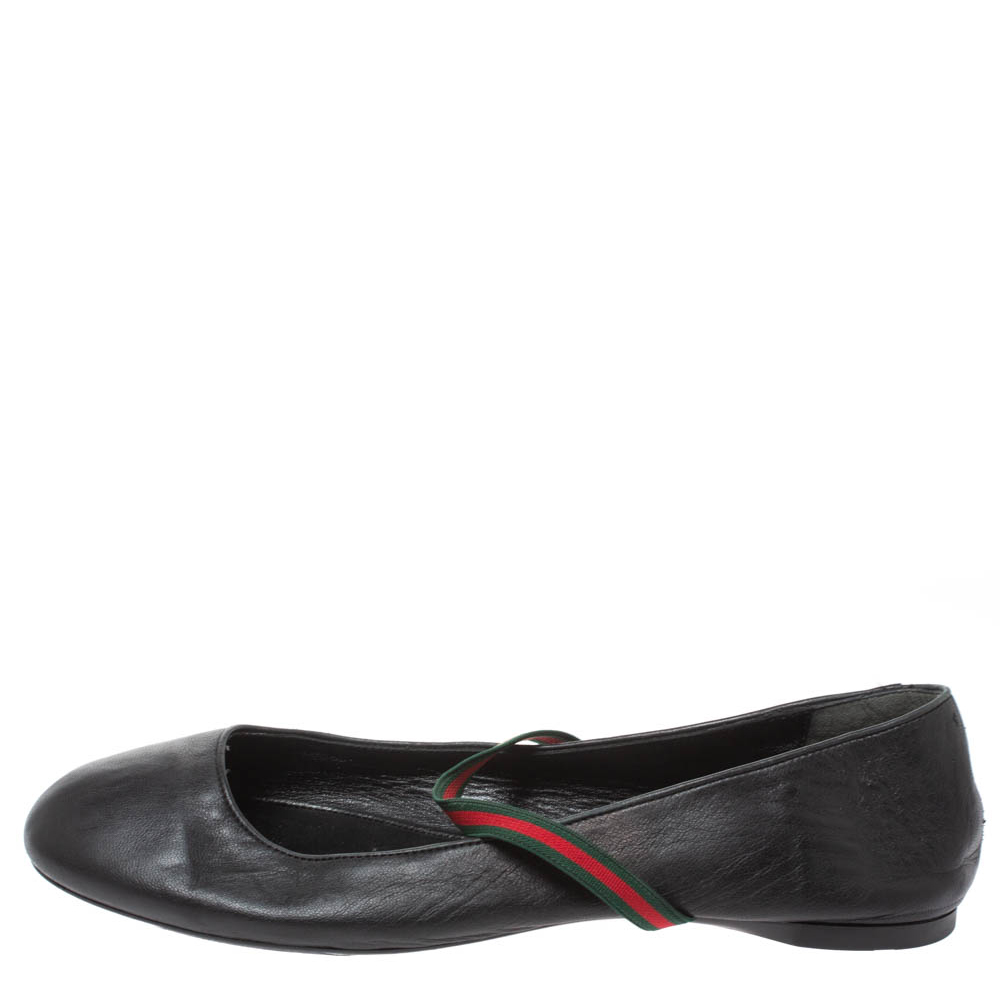 

Gucci Black Leather Web Elastic Mary Jane Ballet Flats Size