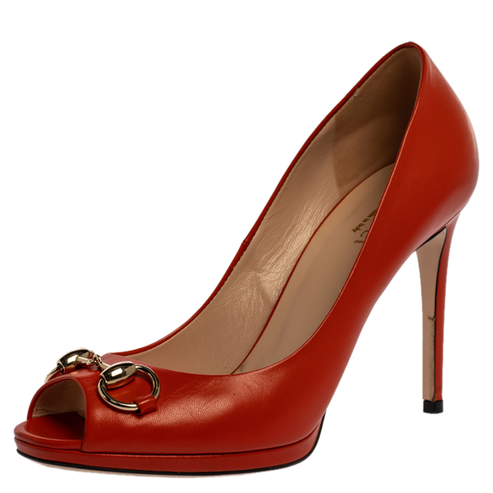 Preowned Gucci Orange Leather Horsebit Peep Toe Pumps Size 37.5 ModeSens