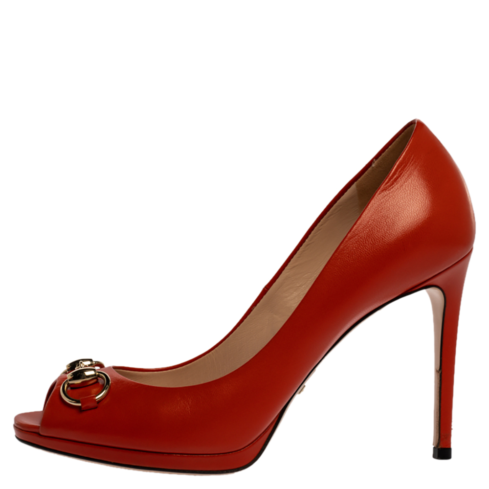 

Gucci Orange Leather Horsebit Peep Toe Pumps Size