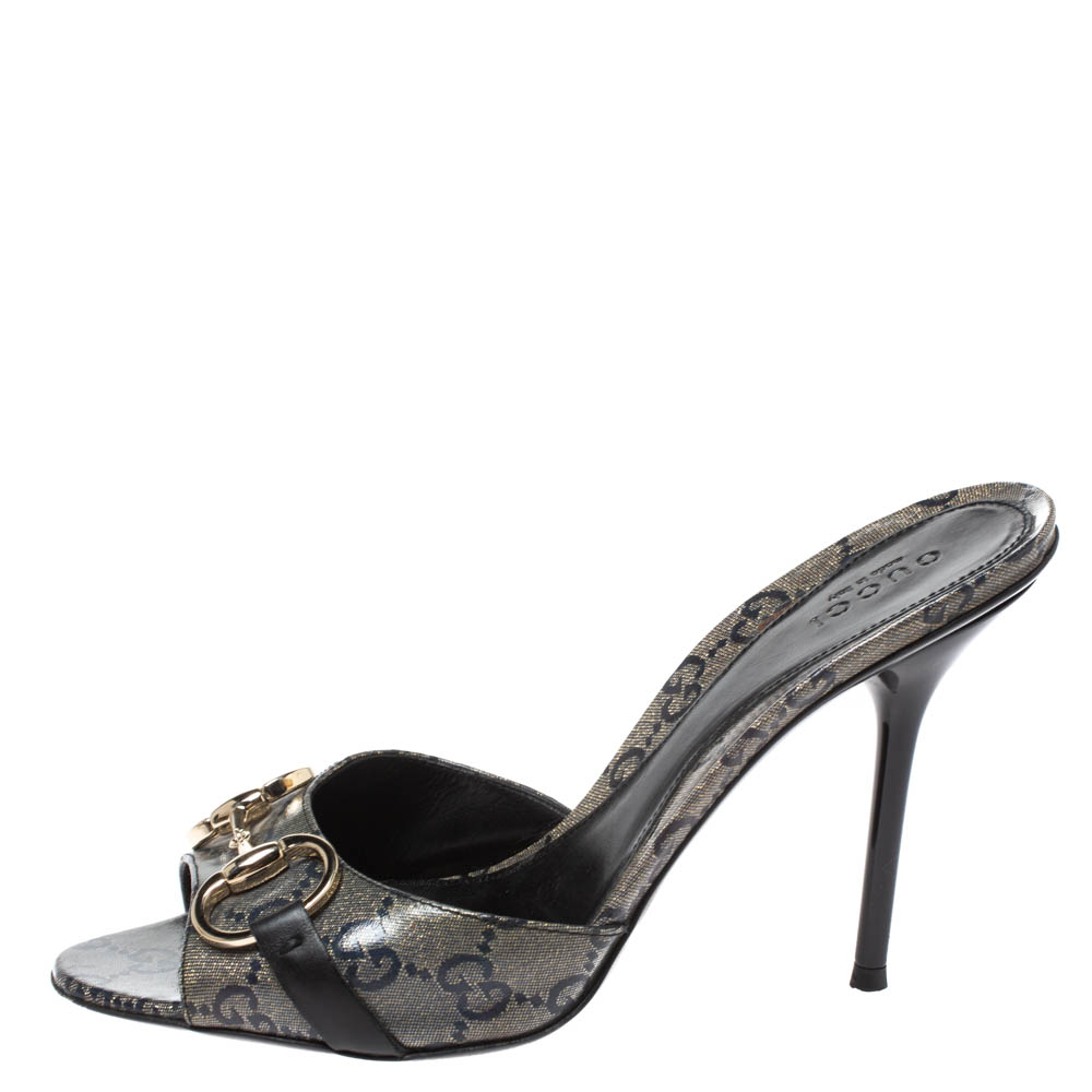 

Gucci Navy Blue GG Crystal Canvas Horsebit Open Toe Sandals Size