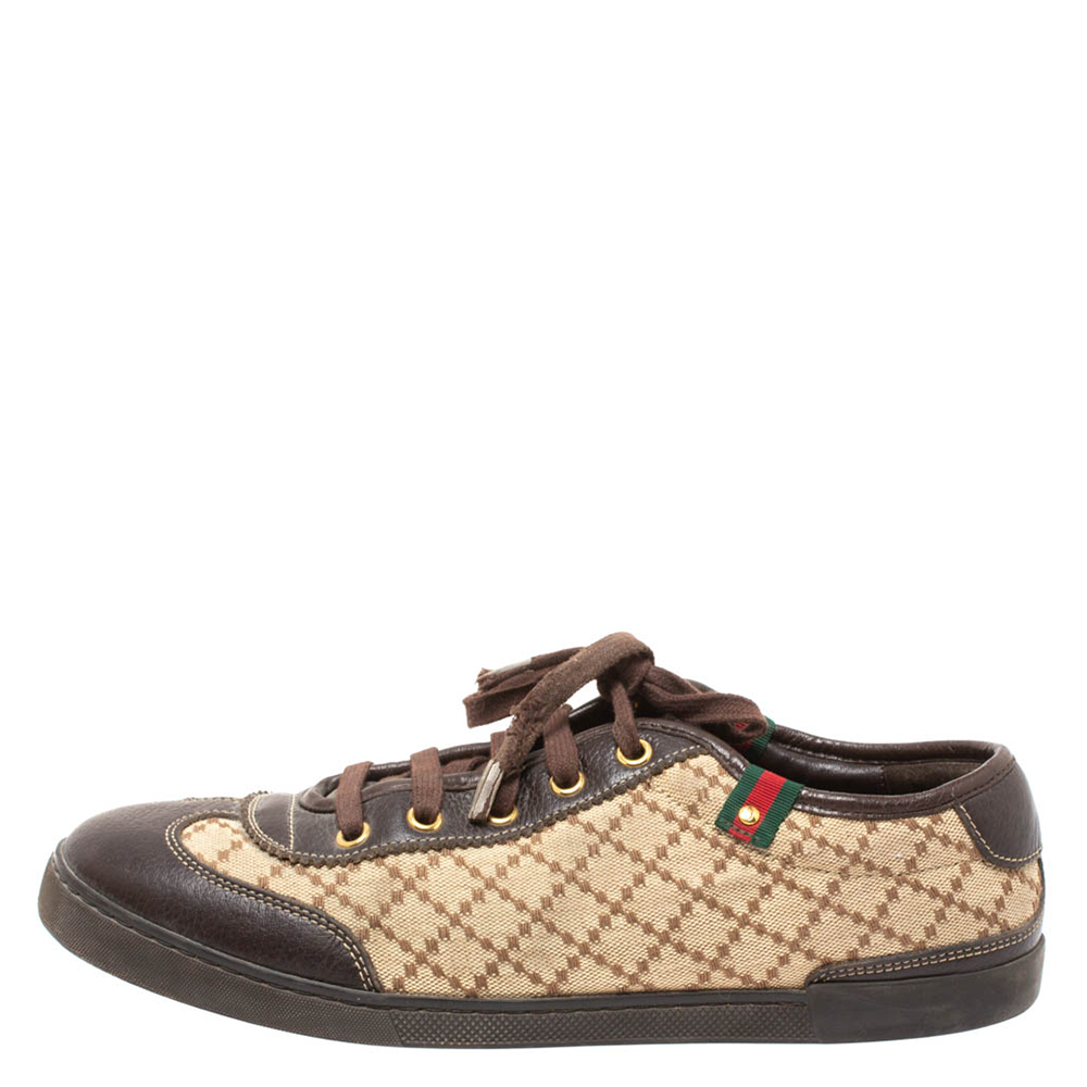 

Gucci Brown/Beige Diamante Canvas and Leather Low Top Sneakers Size