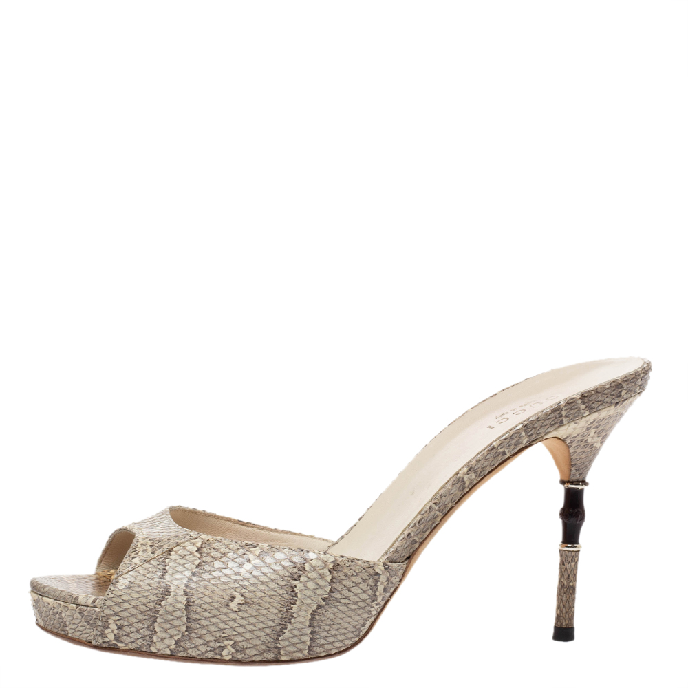 

Gucci White/Grey Snakeskin Bamboo Heel Platform Sandals Size