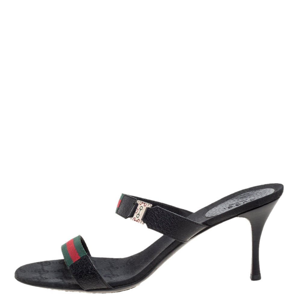 

Gucci Black Leather And Web Canvas Buckle Detail Slide Sandals Size, Multicolor