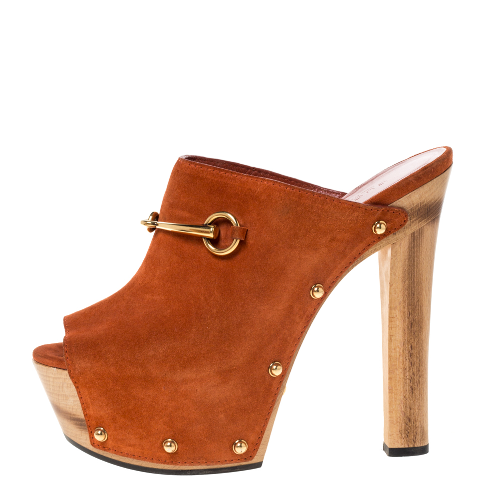 

Gucci Brown Suede Horsebit Open Toe Platform Mules Size