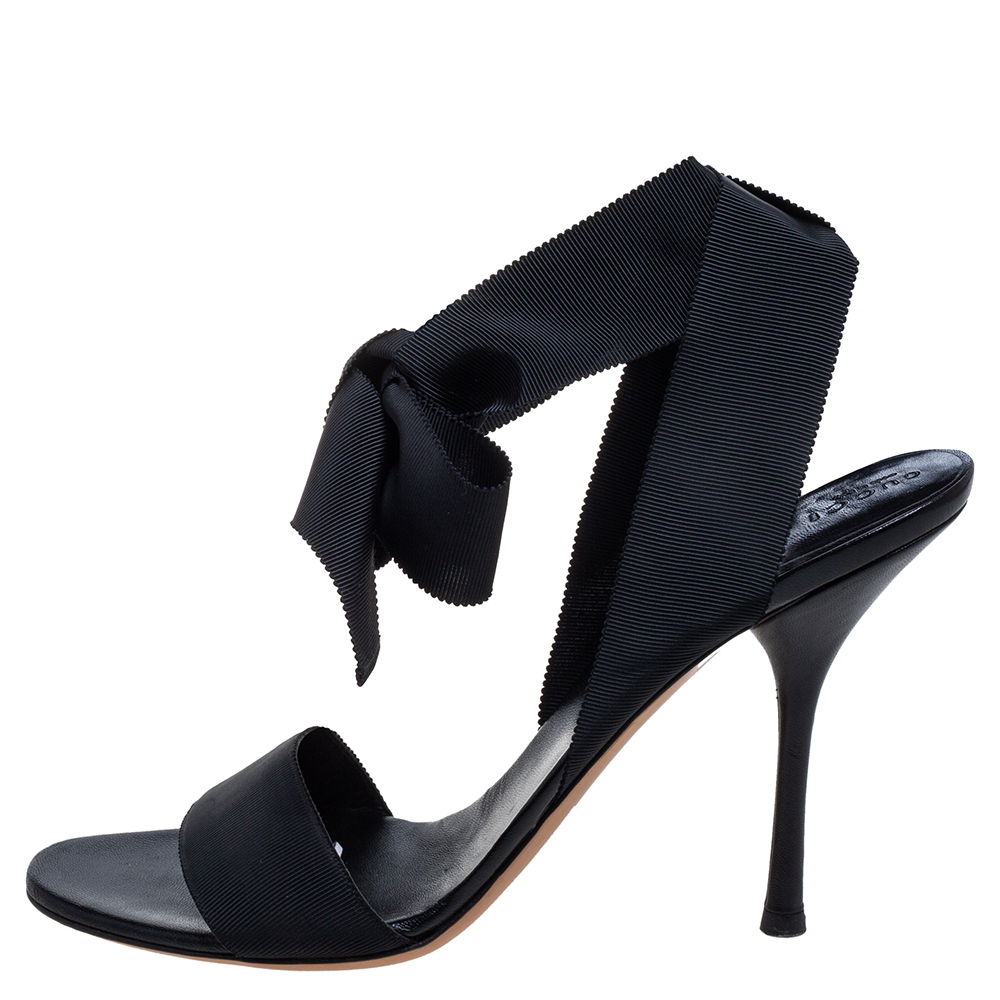 

Gucci Black Grosgrain Fabric Open Toe Ankle Wrap Sandals Size