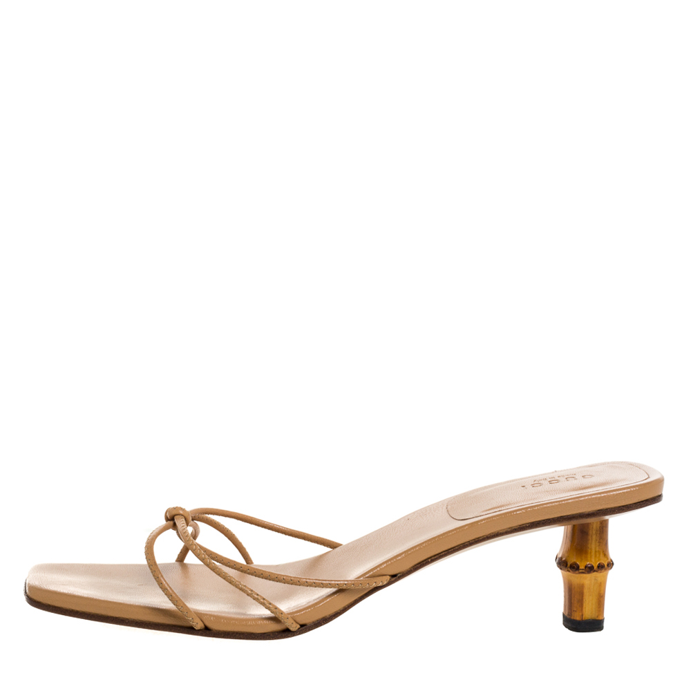 

Gucci Beige Leather Bamboo Heel Square Toe Slide Sandals Size