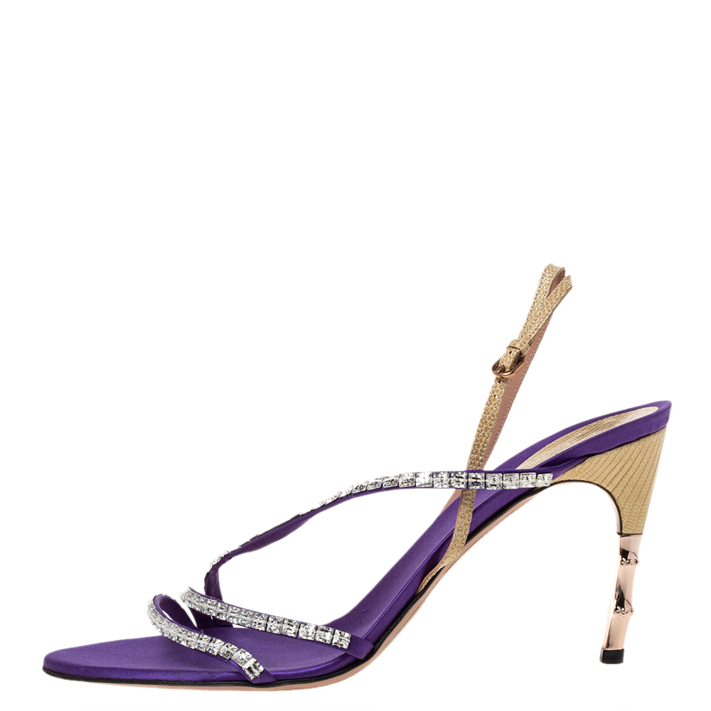 

Gucci Purple Satin and Lizard Crystal Embellished Bamboo Heel Slingback Sandals Size