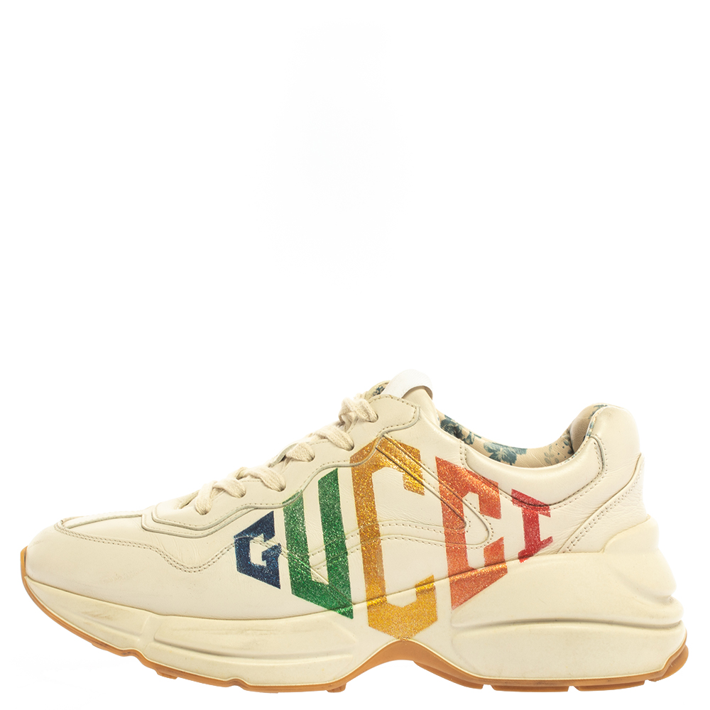 

Gucci Off White Leather Glitter Rhyton Lace Up Sneakers Size