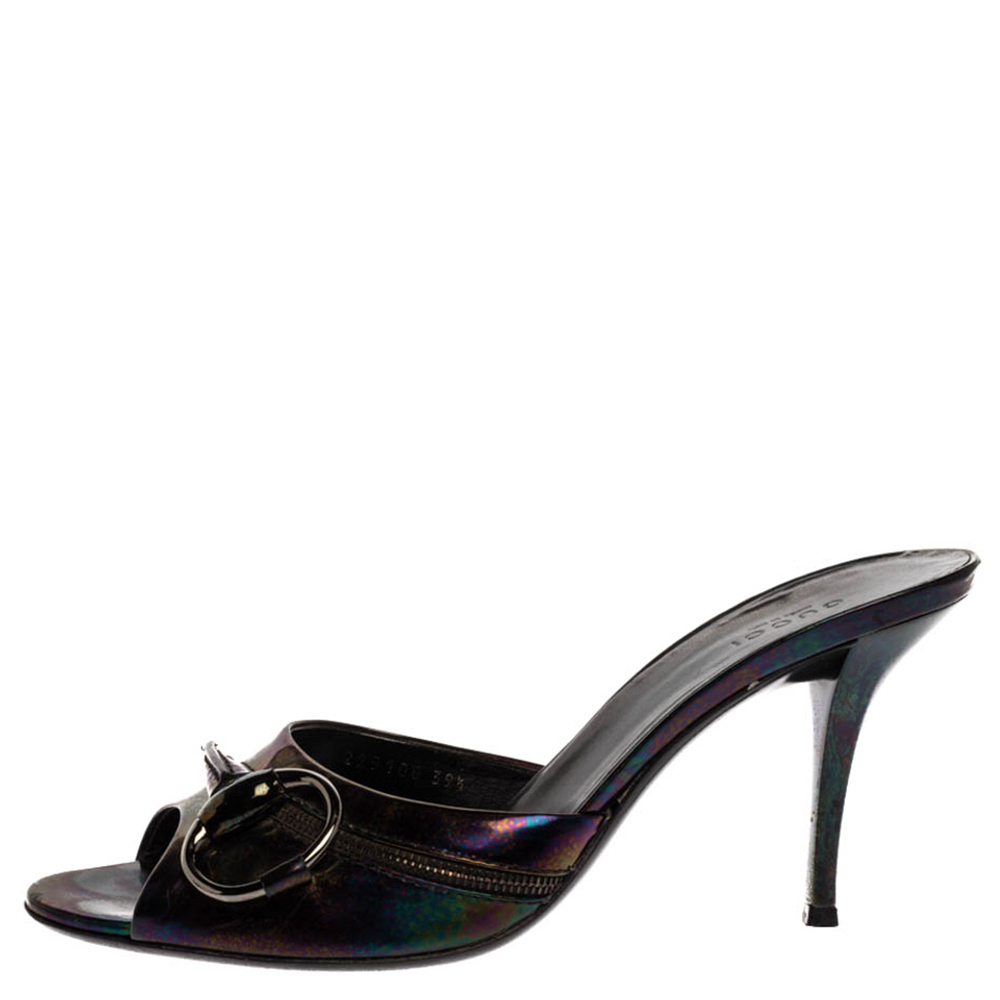 

Gucci Black Hologram Patent Leather Icon Bit Mule Sandals Size