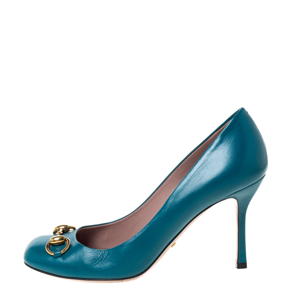 

Gucci Teal Blue Leather Jolene Horsebit Pumps Size