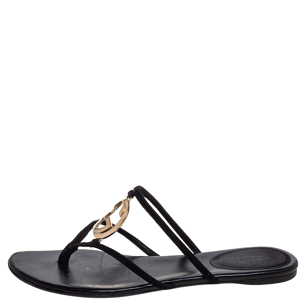 

Gucci Black Suede GG Interlocking Strappy Flat Sandals Size