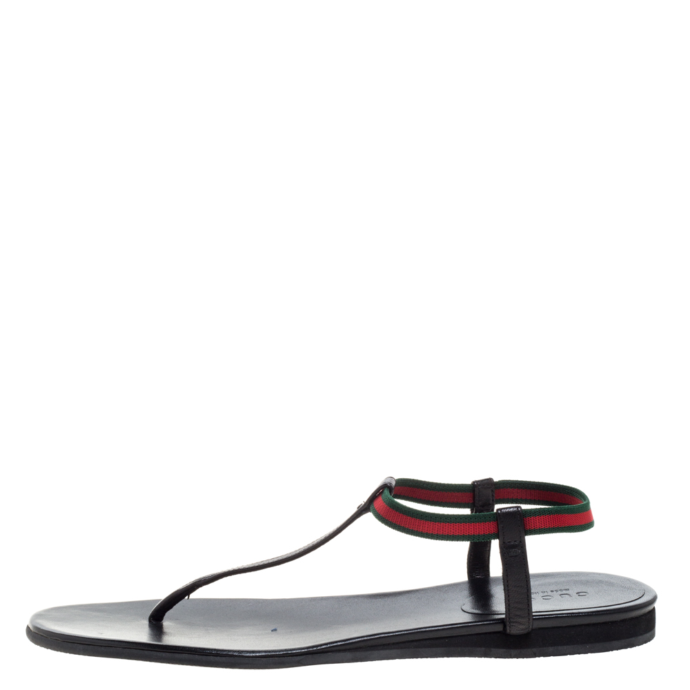 

Gucci Black Leather Web Areia Thong Sandals Size