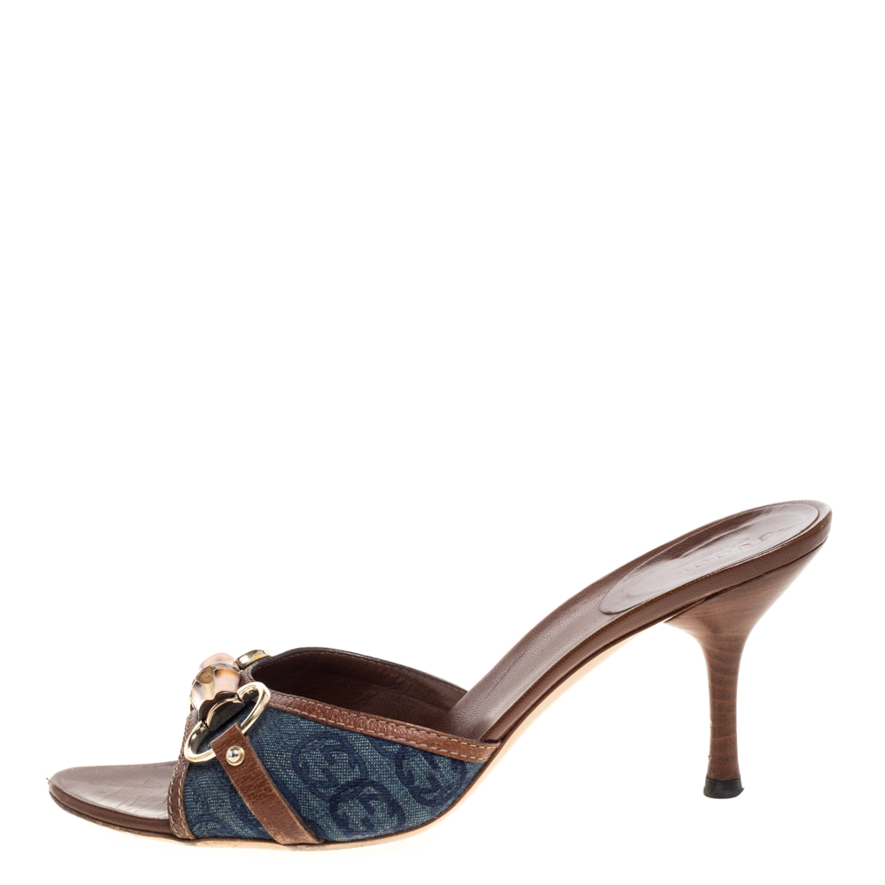 

Gucci Blue Denim And Leather Trim Horsebit Open Toe Sandals Size