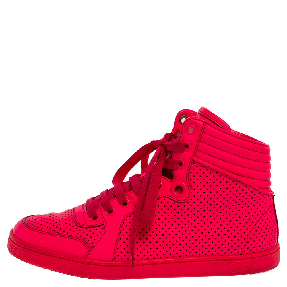 

Gucci Neon Pink Leather Interlocking G High Top Sneakers Size