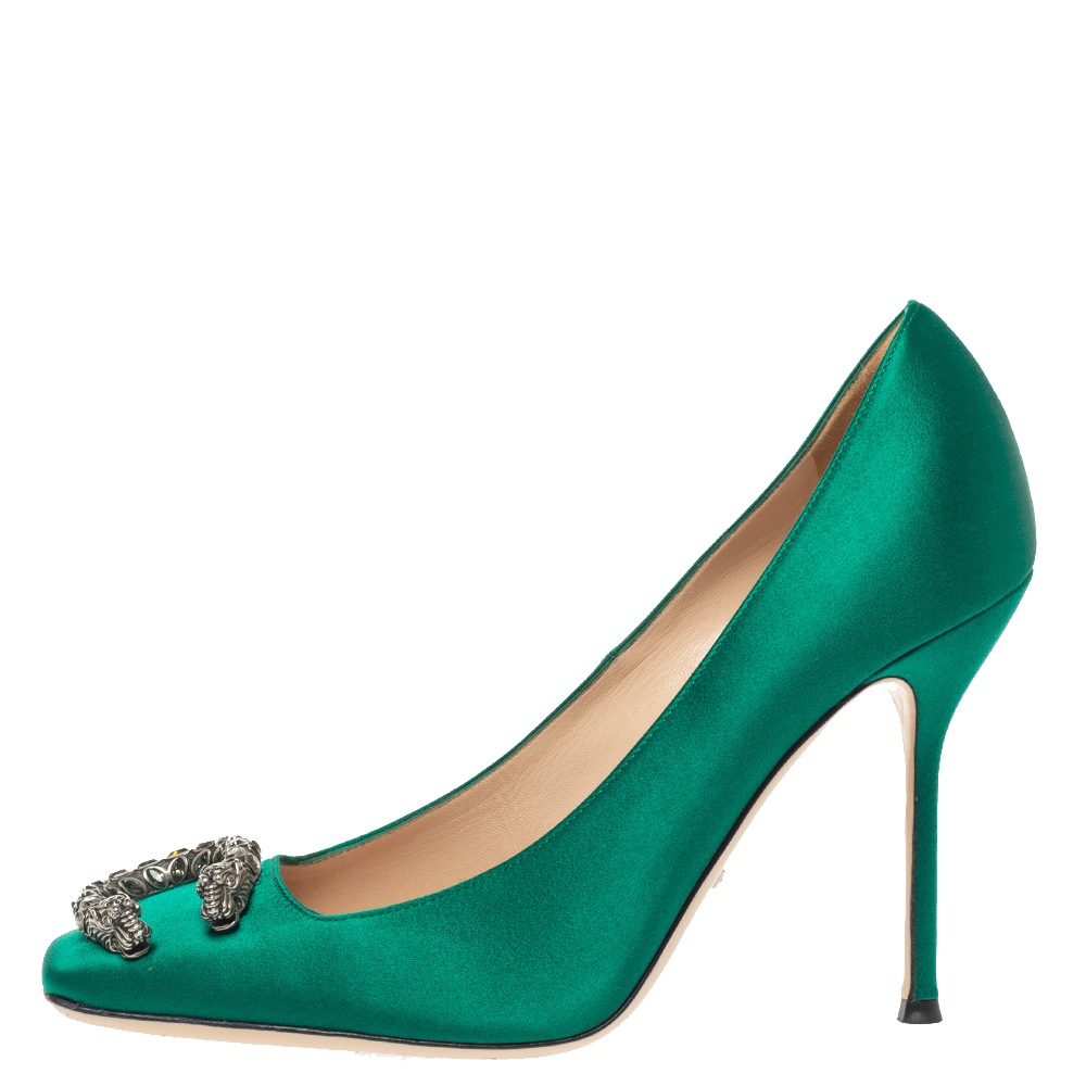 

Gucci Green Satin Dionysus Buckle Square Toe Pumps Size