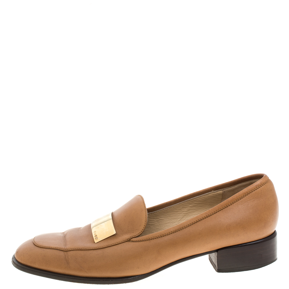 

Gucci Brown Leather Gold-Tone Logo Plate Block Heel Loafer Pumps Size