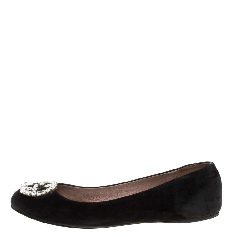 

Gucci Black Suede Leather GG Crystal Logo Ballerina Flats Size