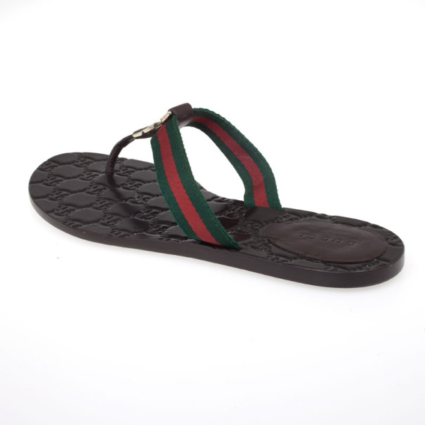 Gucci Brown 'gg' Thong Web Detail Sandals With Double 'g' Ornament Size 