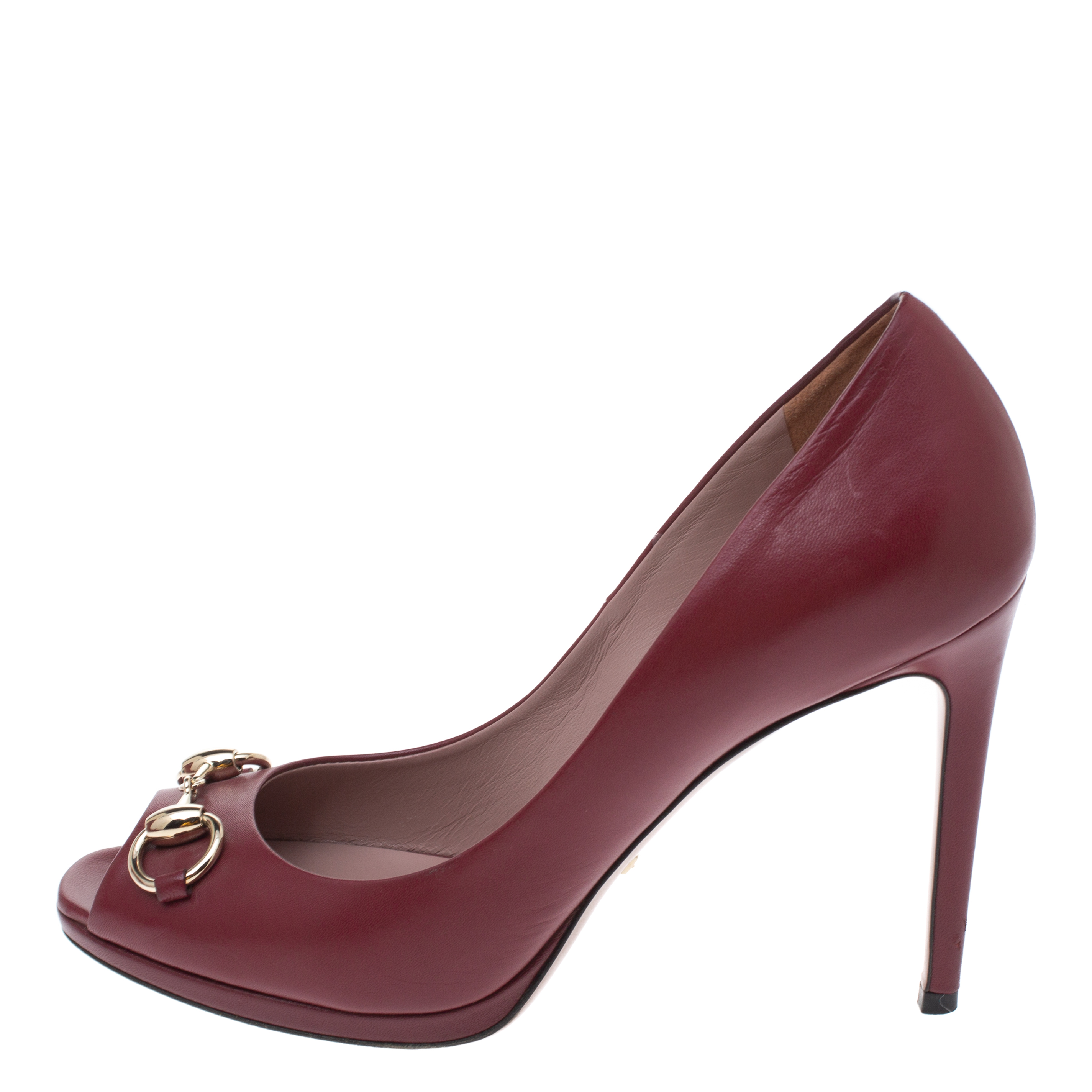 

Gucci Burgundy Leather New Hollywood Horsebit Peep Toe Pumps Size