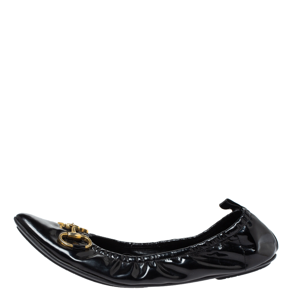 

Gucci Black Patent Leather Horsebit Scrunch Pointed Toe Ballet Flats Size