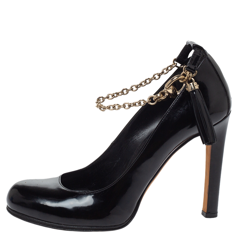 

Gucci Black Patent Leather Ankle Strap Tassel Pumps Size