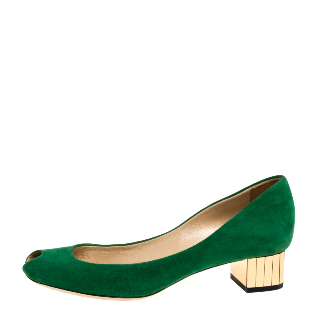 

Gucci Green Suede Peep Toe Block Heel Pumps Size