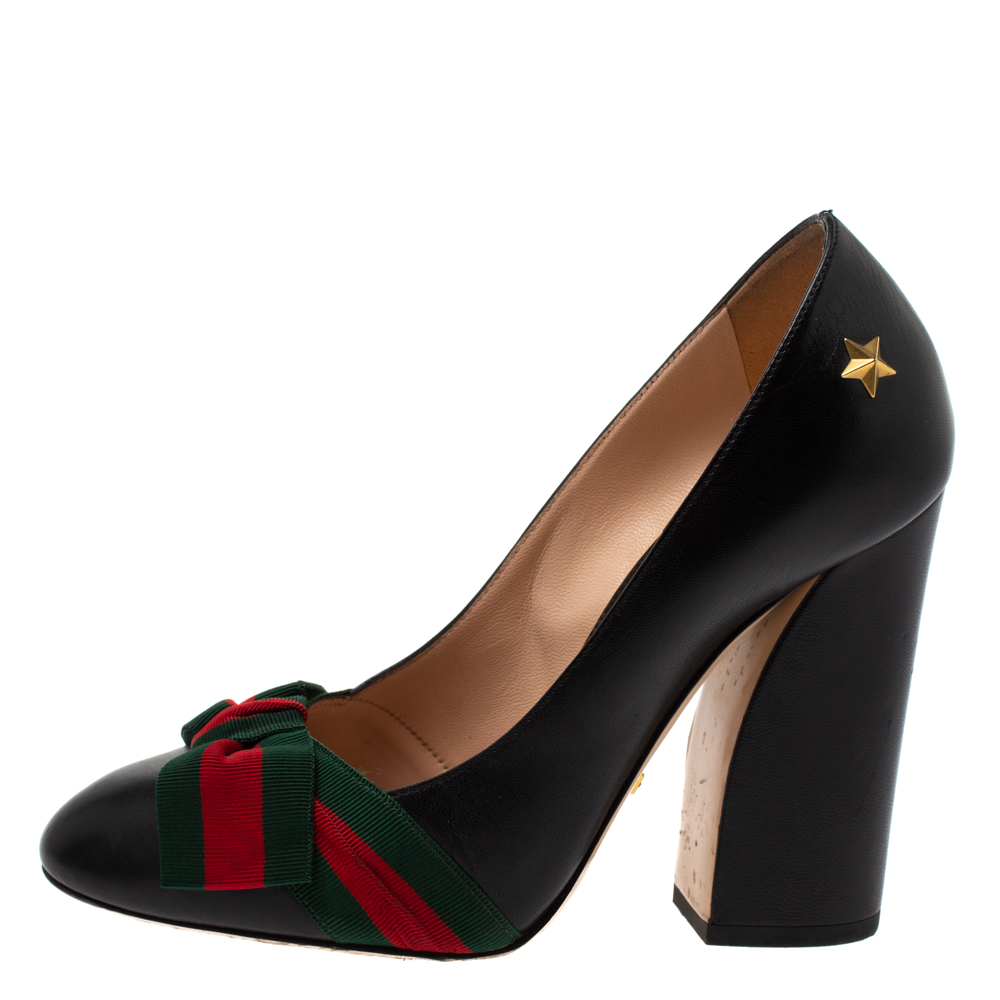 

Gucci Black Leather Web Bow Block Heel Pumps Size